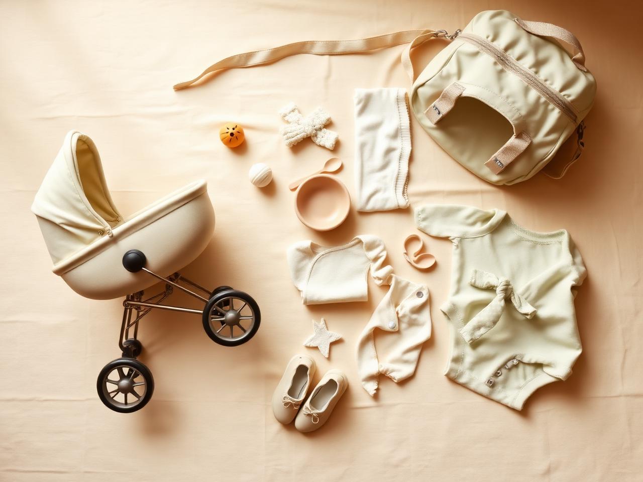 Flat lay of baby essentials including a stroller, changing bag, shoes, clothes and feeding bowl